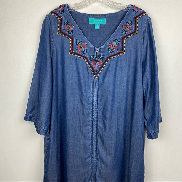 Aztec Chambray Zip Front Embroidered Maxi Dress House Lounger Dress Size M - Picture 12 of 12